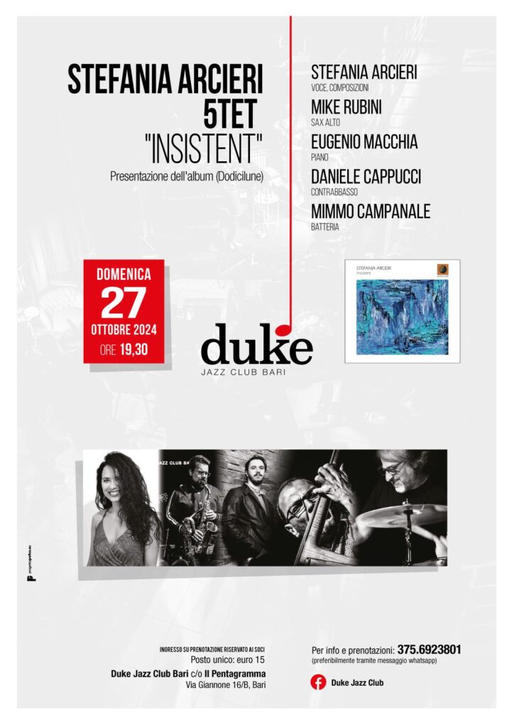 STEFANIA ARCIERI 5TET, DUKE JAZZ CLUB BARI, 27 OTTOBRE 2024